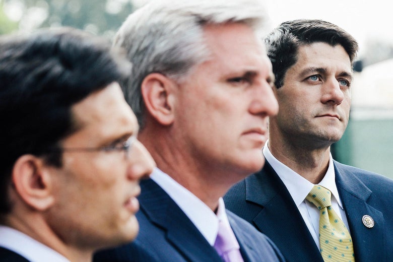 GOP Reps. Eric Cantor, Kevin McCarthy, and Paul Ryan during a June 2011 media briefing in Washington.
